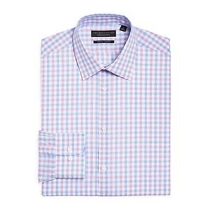 The Men's Store Check Regular Fit Stretch Dress Shirt Purple Size 16 34-35 0184